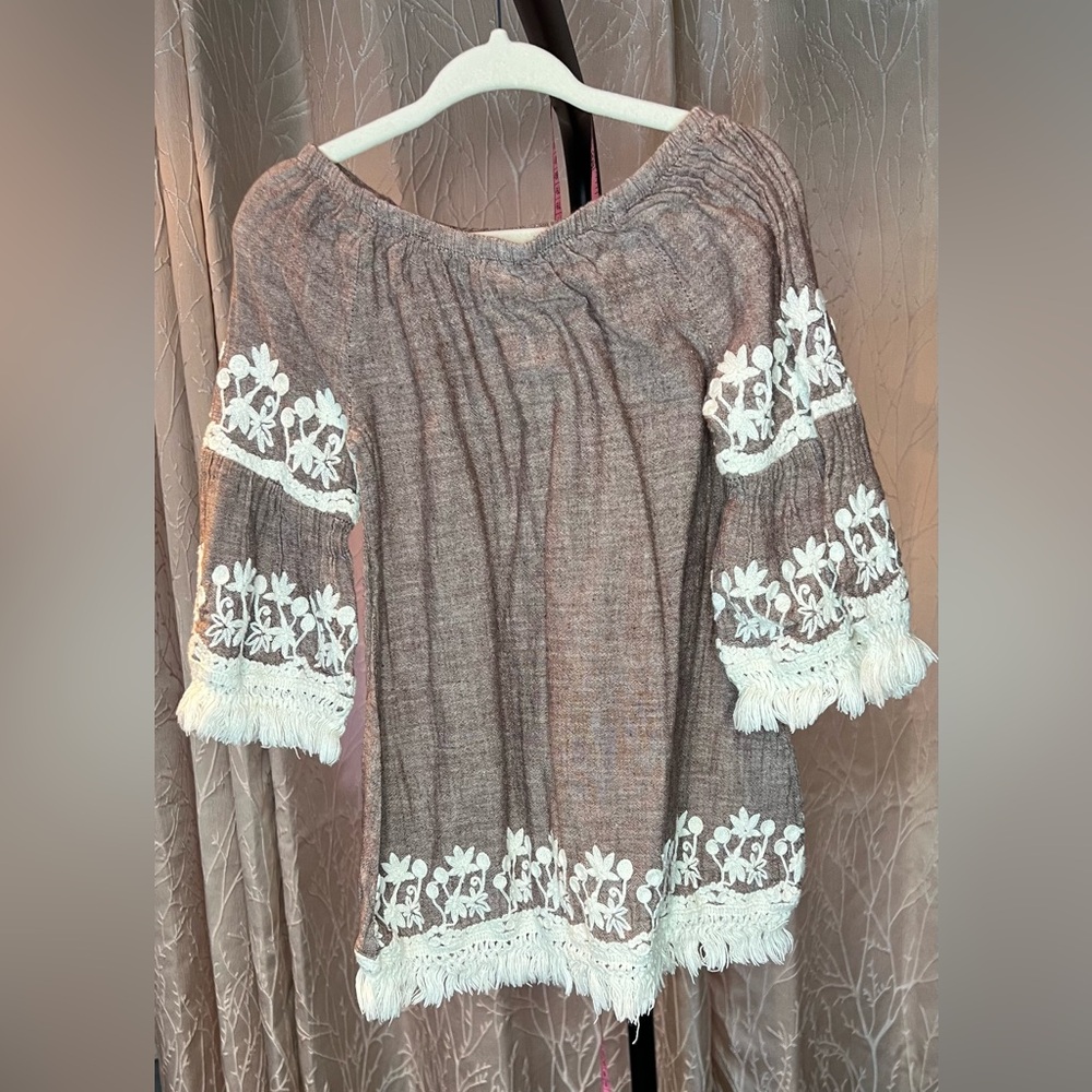 Indigo Soul Smocked Blouse Brown and White Embellished